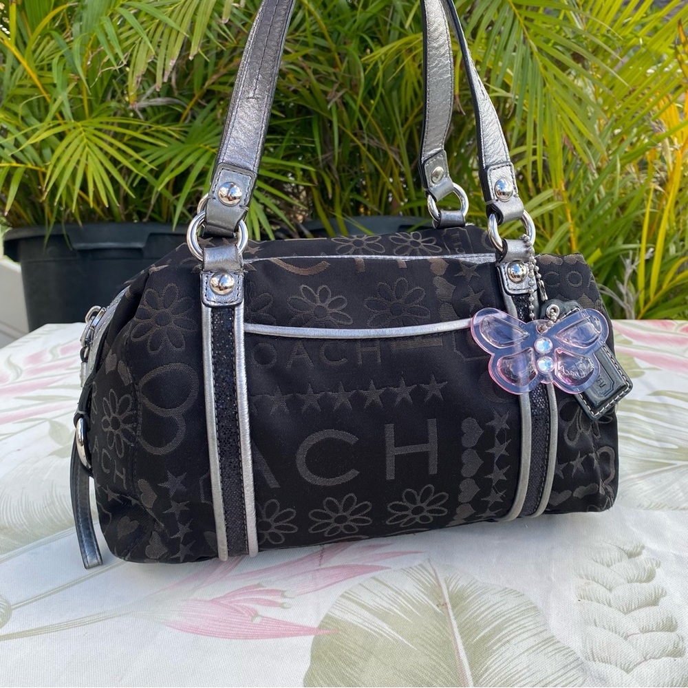 Rare Vintage Y2K Coach Black Signature Floral Logo Satchel Handbag with Charm